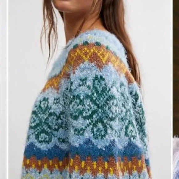 Free People Festive Frost Pullover Sweater - Ice Blue Combo - Sz Medium - Picture 6 of 11